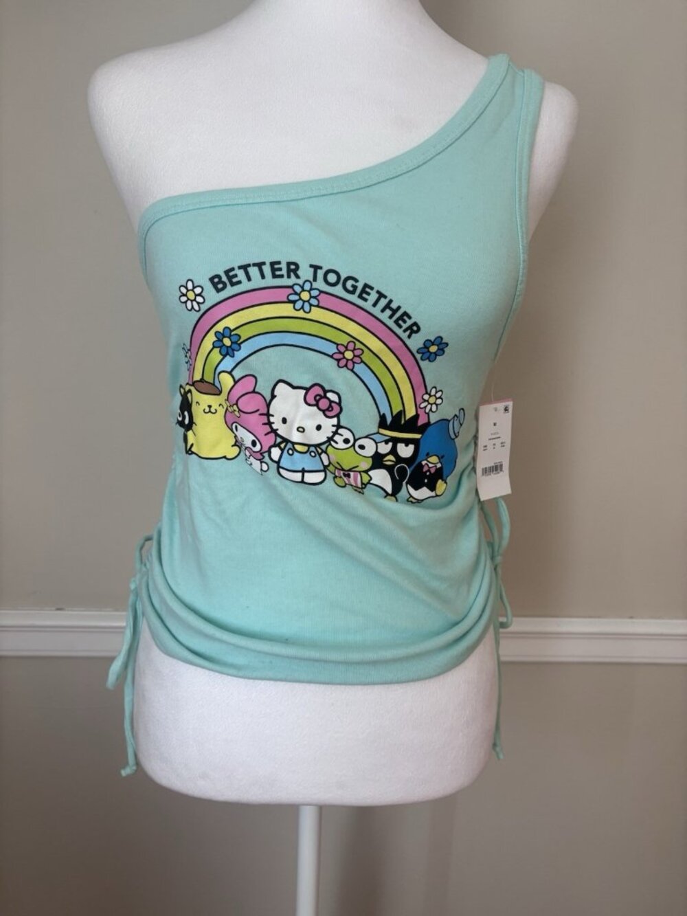 NWT Hello Kitty Size M Better Together One Shoulder Crop Tank Top Side Green